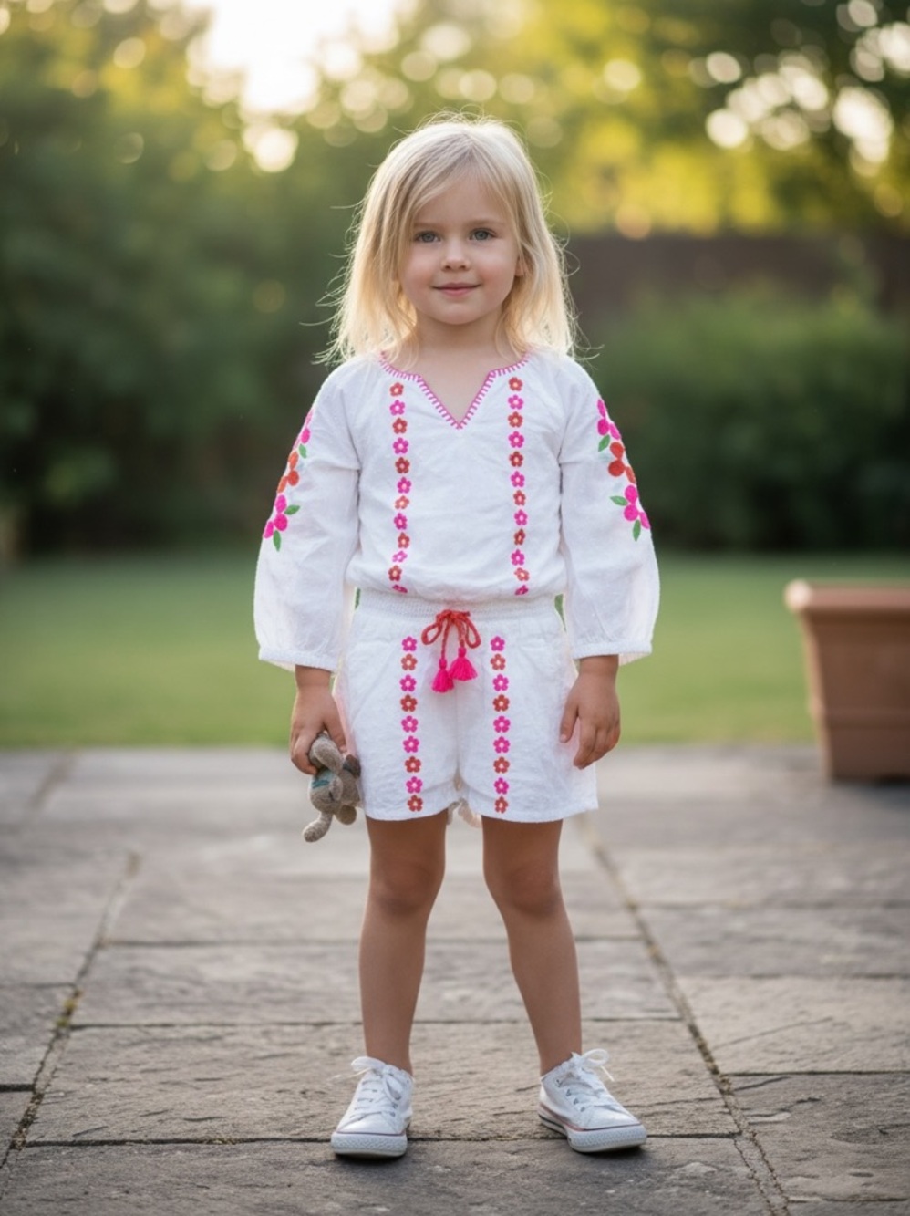 Mini Boden Girls White Floral Embroidered Woven Romper Sz 4